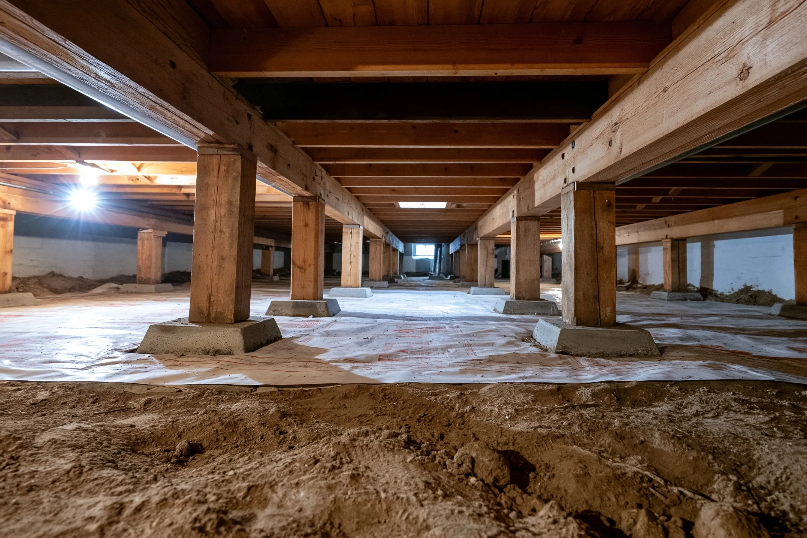 Low view inside a crawlspace under a house: a row of timber posts on concrete pads holding wood girders and floor joists, with a vapor barrier partly covering the soil